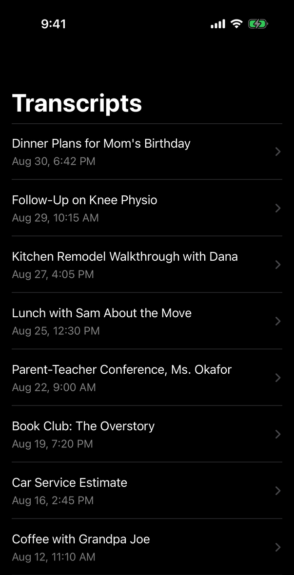 iPhone Transcripts screen listing saved conversations by their on-device summary titles, such as Dinner Plans for Mom's Birthday and Follow-Up on Knee Physio, each with its date beneath.